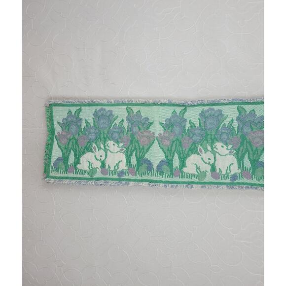 Easter Table Runner Green Pink Hand Knit Cotton Bunny Rabbit Eggs Tulips Spring - Picture 7 of 9
